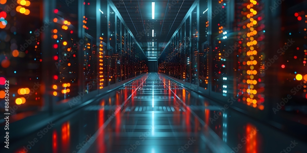 Poster rows of glowing servers in secure high tech data center showcasing digital communication technology