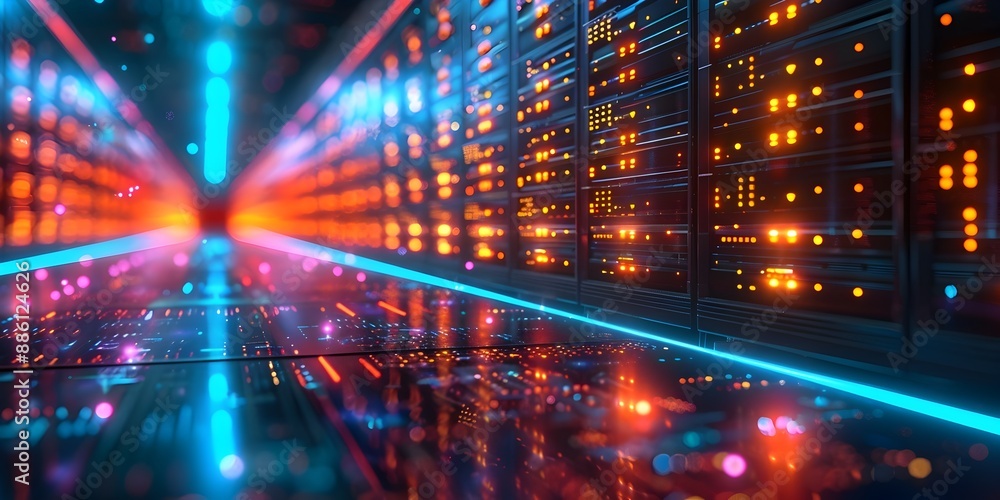 Aufkleber glowing data center with secured high tech network servers and communication indicators in business