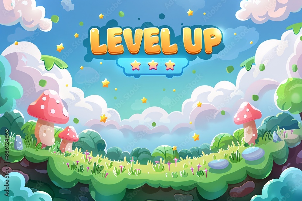 Poster an interactive game with a 3d cartoon design featuring premium text and level progression.