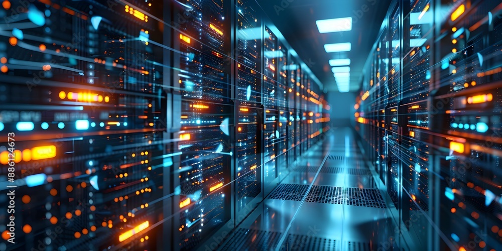 Poster illuminated data center with rows of servers and glowing network indicators secure and high tech tec