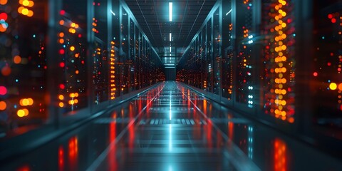 Rows of Glowing Servers in Secure High Tech Data Center Showcasing Digital Communication Technology