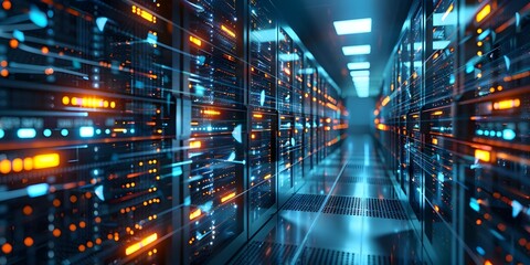 Illuminated Data Center with Rows of Servers and Glowing Network Indicators Secure and High Tech Technology Networking Concept