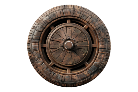 Ancient wooden to modern car tire isolated on transparent background