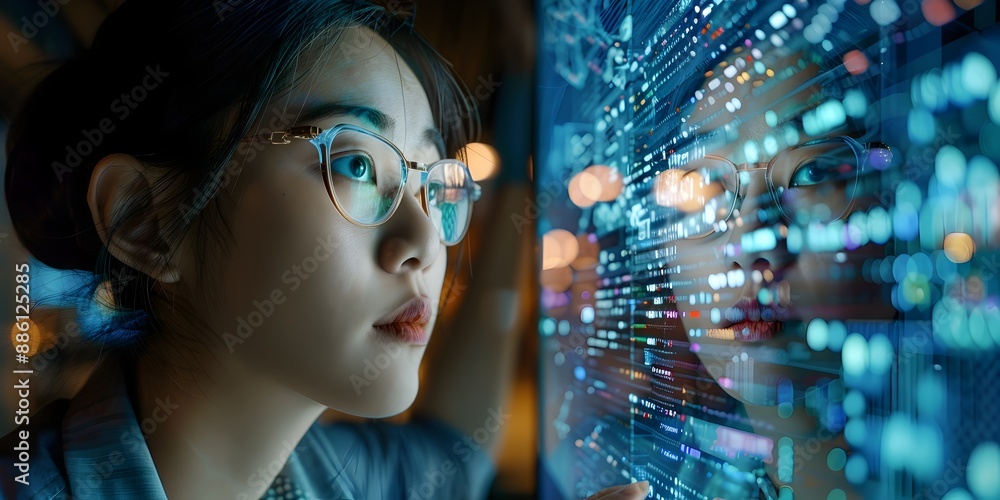 Poster technical support agent assisting client via screen sharing in futuristic digital environment