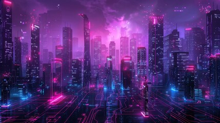 Fototapeta premium Futuristic Smart Cyber City illustration: Innovative Urban Landscape in Digital Circuitry, futuristic technology concept, Graphic Resources, Wallpapers, Brochure, Websites, banner design, Advertising,