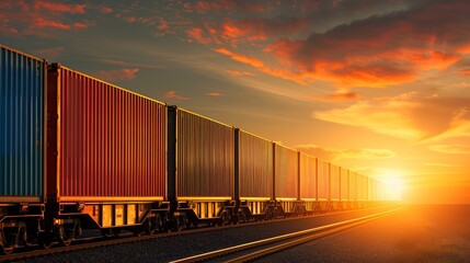 Fototapeta premium Colorful freight train with cargo containers traveling at sunset on railway track, creating a picturesque industrial transportation scene.