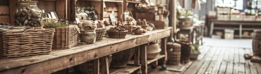 Fototapeta premium A market stall selling goods made from upcycled materials, vintage, sepia tones, detailed, evoking the charm of ecofriendly commerce