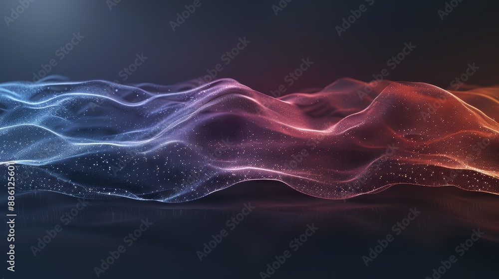 Poster abstract digital waveforms with glowing lines in vibrant blue and red hues, depicting data flow and 
