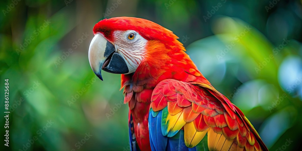 Sticker Vibrant red parrot with colorful feathers, avian, tropical, wildlife, bird, exotic, vibrant, colorful, plumage