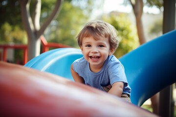 Joyful toddler male sliding on a playground in the summer.