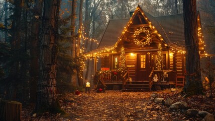 Obraz premium Cozy wooden cabin in misty forest, adorned with warm holiday lights