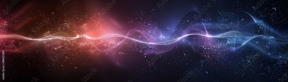 Poster vibrant light waves in a stunning abstract background blending red, blue and purple hues, creating a