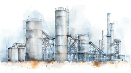 Obraz premium Watercolor illustration of an industrial plant with smokestacks and storage tanks, showcasing modern industrial architecture and infrastructure.