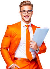 Smiling businessman in orange suit holding documents