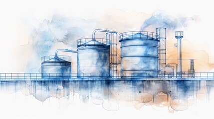 Watercolor illustration of industrial storage tanks with smoke stacks, showcasing industrial architecture and environmental impact.