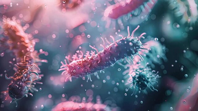 3d render of bacteria under the microscope. Bacteriophage and Viruses. Microscopic Bacteria. Molecules virus cell. Medical health concept. Science microbes. Medical background. Close-up view. 4K Video