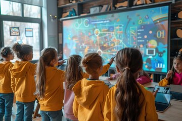 Obraz premium Group of young students in a modern classroom, using tablets and interactive whiteboards for a techdriven lesson, futuristic and innovative environment
