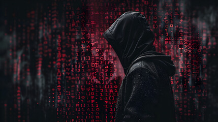 Hacker in a dark room with red code overlay