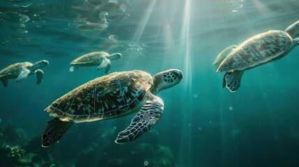 Fototapeta premium Sea turtles swimming near underwater solar panels, a blend of technology and nature, promoting renewable energy in ocean ecosystems