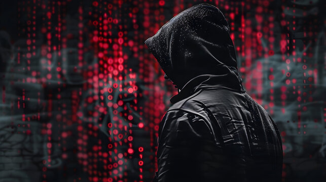 Hacker in a dark room with red code overlay
