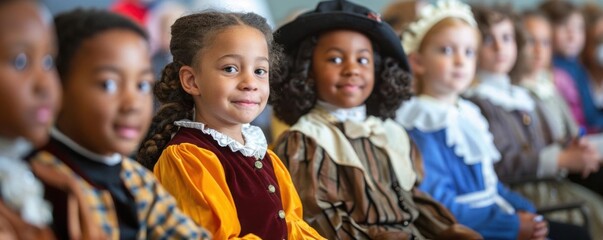 Fototapeta premium Young students roleplaying historical figures in a classroom, dressed in period costumes, engaging in an interactive history lesson