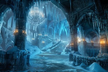 A grand, icy palace interior with intricate details and a chandelier hanging from the ceiling.