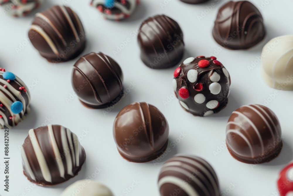 Poster chocolate truffles with various toppings forming a pattern on a white background