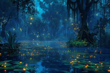 Enchanted swamp at night with fireflies and lily pads.