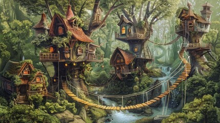 An enchanted forest village painted in watercolors, with whimsical tree houses connected by rope bridges, surrounded by a lush green forest and a sparkling stream.