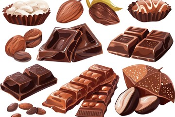 Assortment of chocolate bars, candies, and nuts on white background.