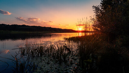 Sunset at coast of the lake. Nature landscape. Nature in northern Europe. reflection, blue sky and yellow sunlight. Landscape during sunset.