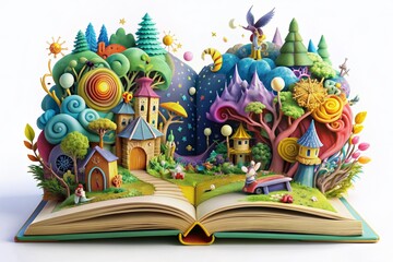 Whimsical three-dimensional illustration of a colorful storybook with intricately designed pages and characters popping out against a crisp white background, evoking wonder and curiosity. © Adisorn