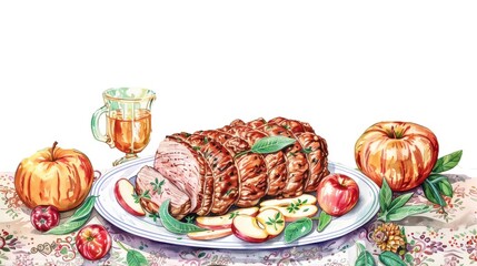 Fototapeta premium Fall roast, pork roast with apples and sage, hearty dinner, watercolor style