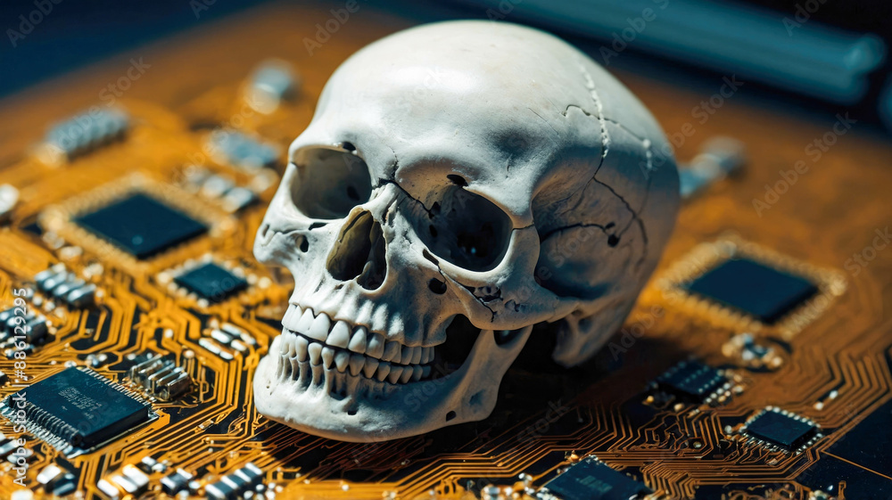 Poster a metallic skull resting on a computer chip, symbolizing cyber threats or hacking
