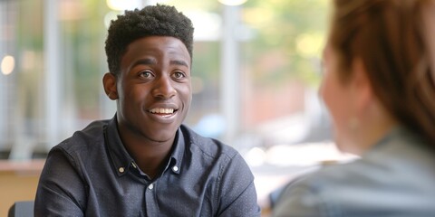 A young man being interviewed by an interviewer for university admission.