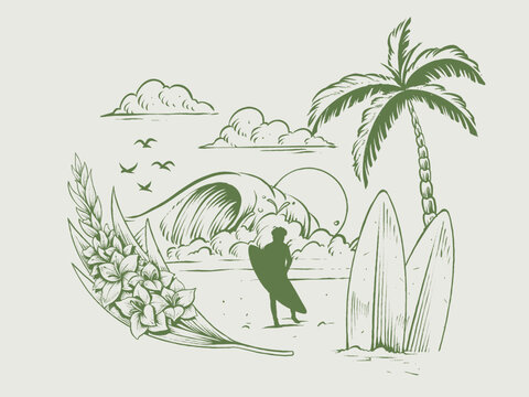 hand drawn summer beach potrait illustration