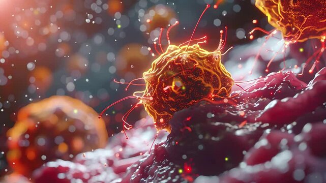 Medical health concept. Cancer cells in the body. 3d render of human cells and cancer cell under the microscope. Microbiology background. Medical background. 