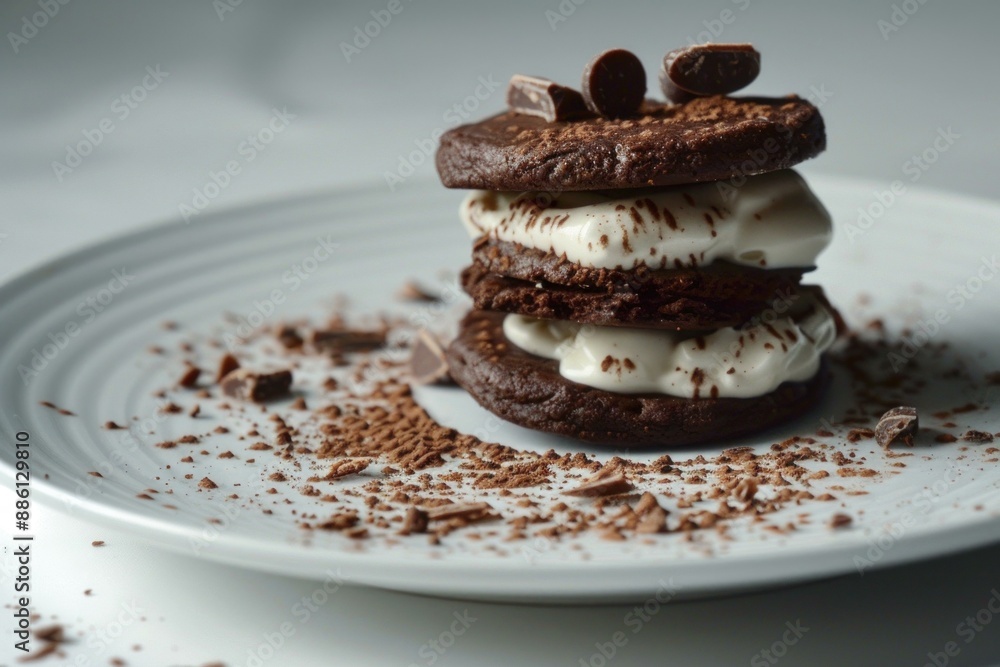 Sticker chocolate cookies with cream filling are stacked high on a plate dusted with cocoa powder