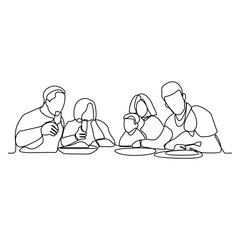 One continuous line drawing of family dining activities vector illustration. Family meal activity themes design illustration simple linear style vector concept. food and drinks are on the dining table