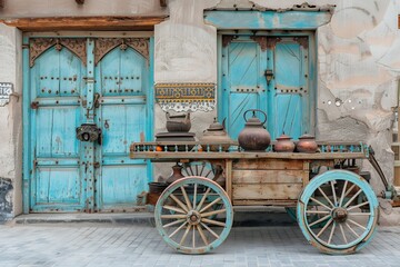 Obraz premium An old wooden cart with wheels, carrying an array of traditional Middle Eastern objects such as small pots and cauldrons on the top, placed in front of pastel-colored doors in Al-ghplotak Old City far