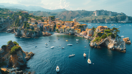 Fototapeta premium Aerial shot of a charming Italian coastal village: townhouses and boats dotting the water. The Mediterranean island scene includes cliffs and a picturesque cityscape, ideal for a summer getaway. 