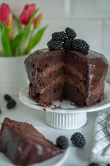  cake drenched in chocolate and garnished with blackberries
