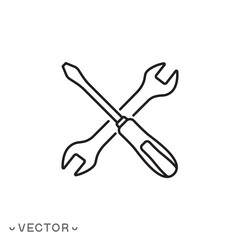 screwdriver with wrench icon, repair set icon, maintenance service, thin line symbol isolated on white background, editable stroke eps 10 vector illustration