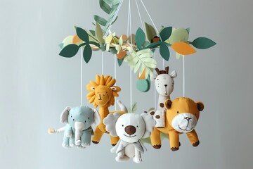 Colorful felt animal mobile for baby nursery decor.