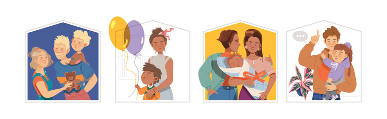 Family Gathered Portrait with Parent and Kids Vector Set