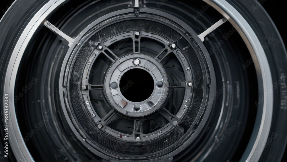 Poster close-up of a circular object with metal spokes.