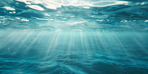 Naklejka premium 3D Perspective Underwater Glimpse of Blue Ocean Surface with Waves. Concept Underwater Photography, Ocean Waves, 3D Perspective, Blue Ocean Surface, Glimpse