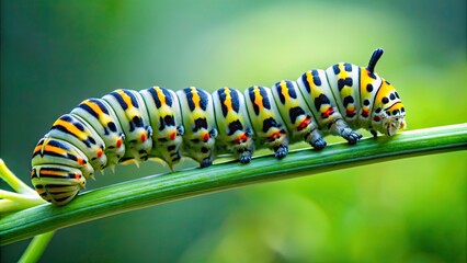 Naklejka premium Close-up of caterpillar crawling on green plant stem , caterpillar, insect, nature, close-up, macro, green, plant, stem