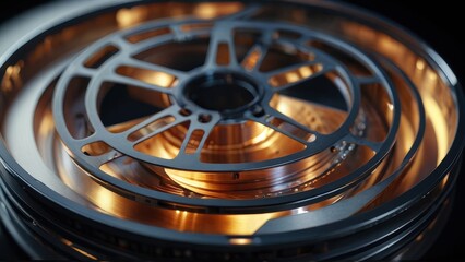 Close-up of a metal reel with a warm glow.