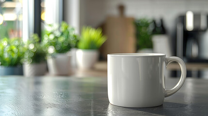 White ceramic mug on a kitchen table with plants in the background.